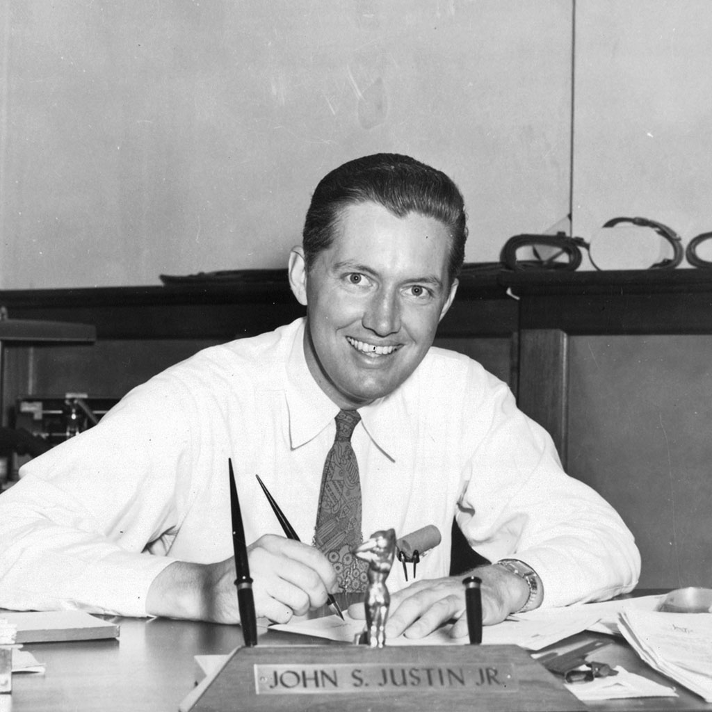 John Justin Jr. at company office on 11th St. in Fort Worth, 1949.